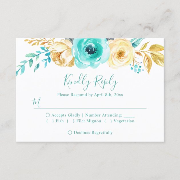 Trendy Turquoise Gold Floral Wedding RSVP Reply