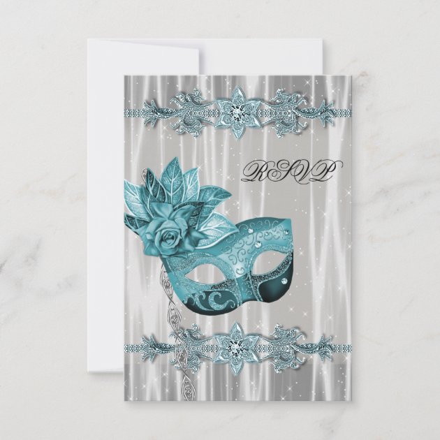 Teal Blue White Masquerade Party RSVP