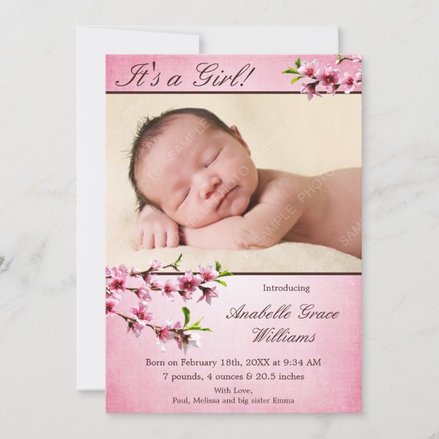 Cherry Blossoms Pink Photo Birth Announcement