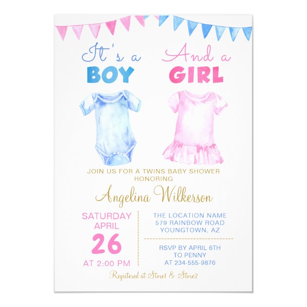 Twin Boy And Girl Pink Blue Baby Shower Invitation