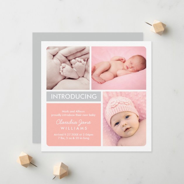 Multi-Photo Birth Announcement Card | Blush Gray