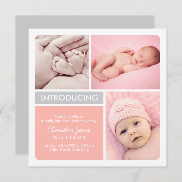 Multi-Photo Birth Announcement Card | Blush Gray