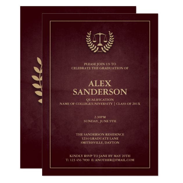 Dark Maroon+Gold Law School/Legal Graduation Invitation