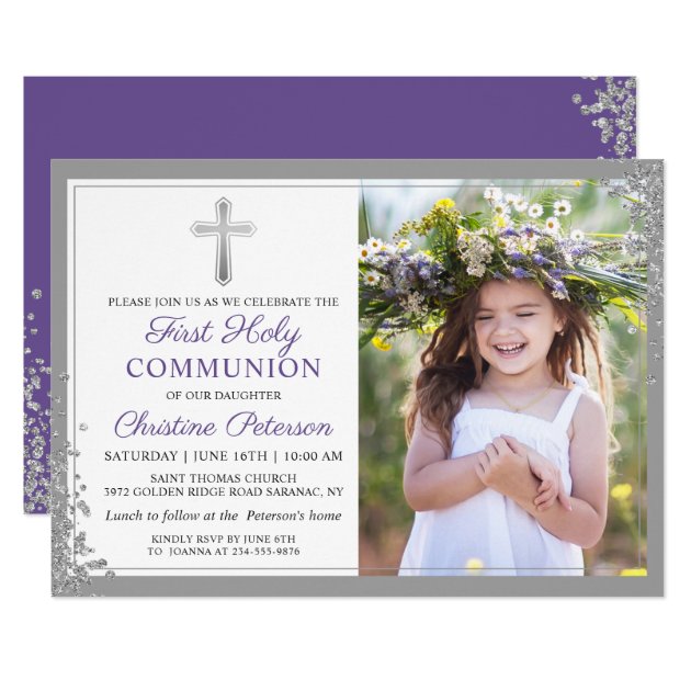 Silver Lavender Purple First Communion Photo Invitation