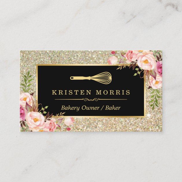Bakery Chef Whisk Logo | Floral Gold Glitter Business Card (front side)