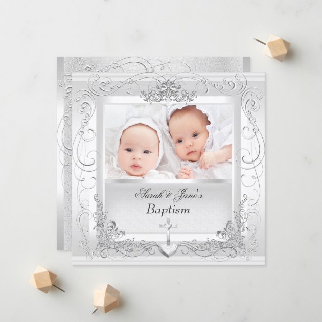 Twin Baby Girl Boy Christening Baptism White Announcement