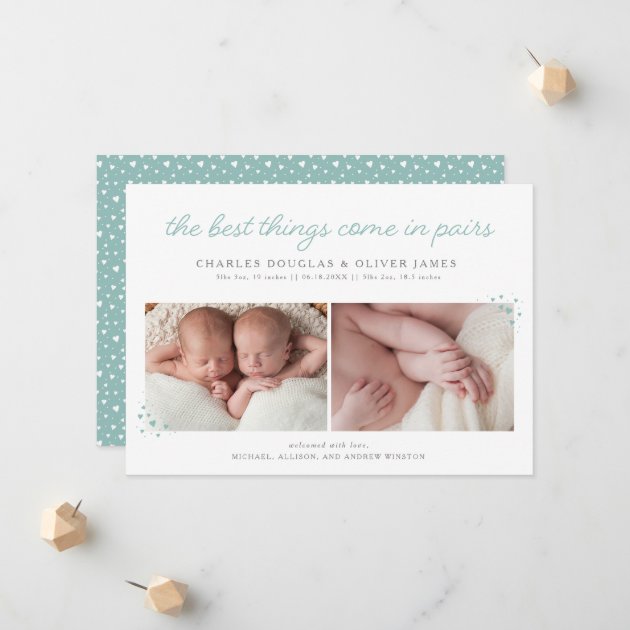 Pairs Twin Boy Birth Announcement With Blue Hearts