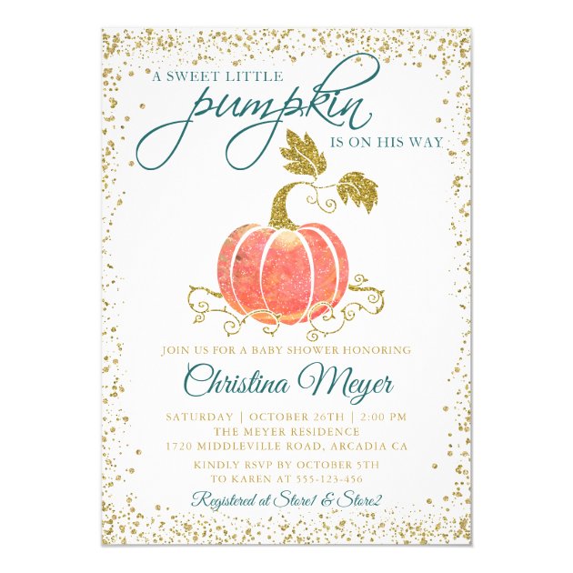 Script Watercolor Pumpkin Glitter Fall Baby Shower Invitation