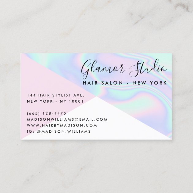 Holographic unicorn rainbow hair pink color block business card (back side)