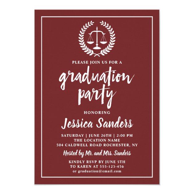 Burgundy Red Law School Graduation Party Photo Card