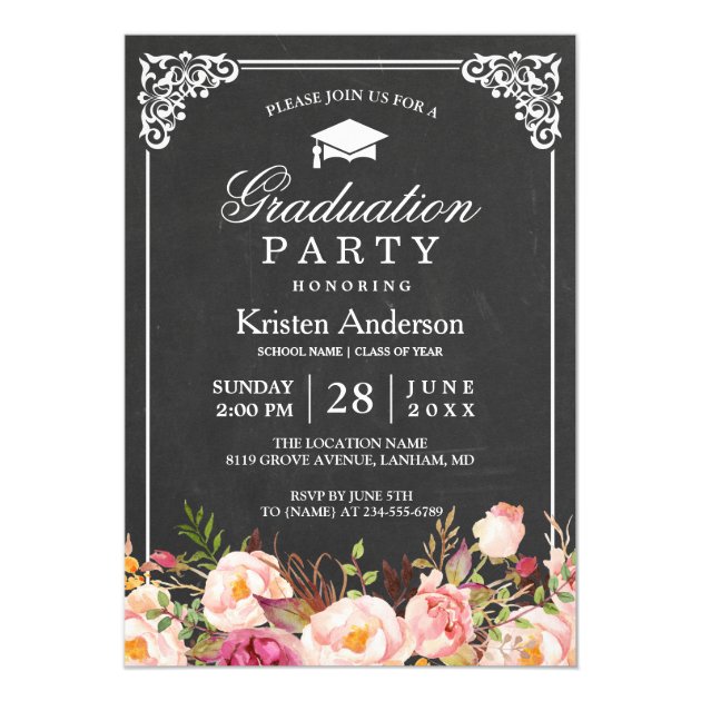 Classic Chalkboard Frame Floral Graduation Party Invitation