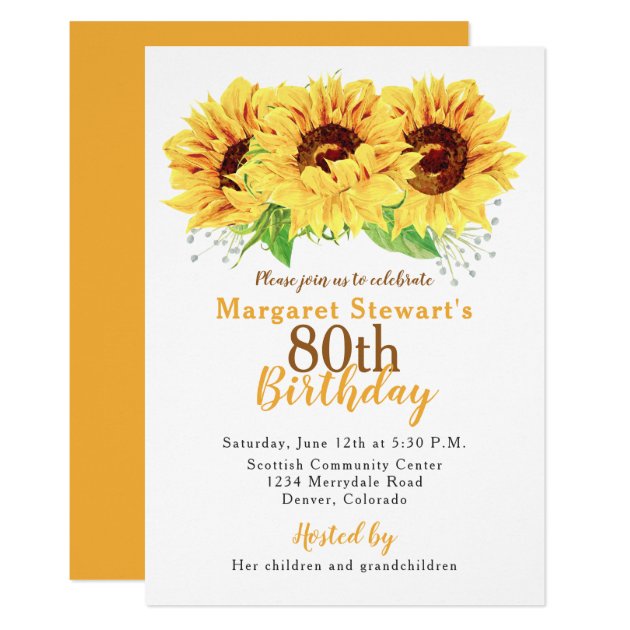 Yellow Sunflower 80th Birthday Invitation