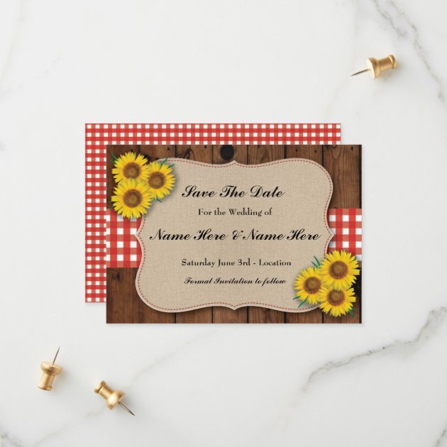 Save The Date Rustic Sunflower Red Check Card