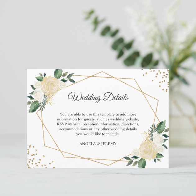 Green Ivory Gold Floral Wedding Reception Details Enclosure Card