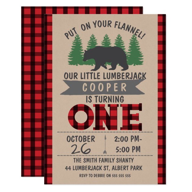 Cute Bear Lumberjack 1st Birthday Invitation