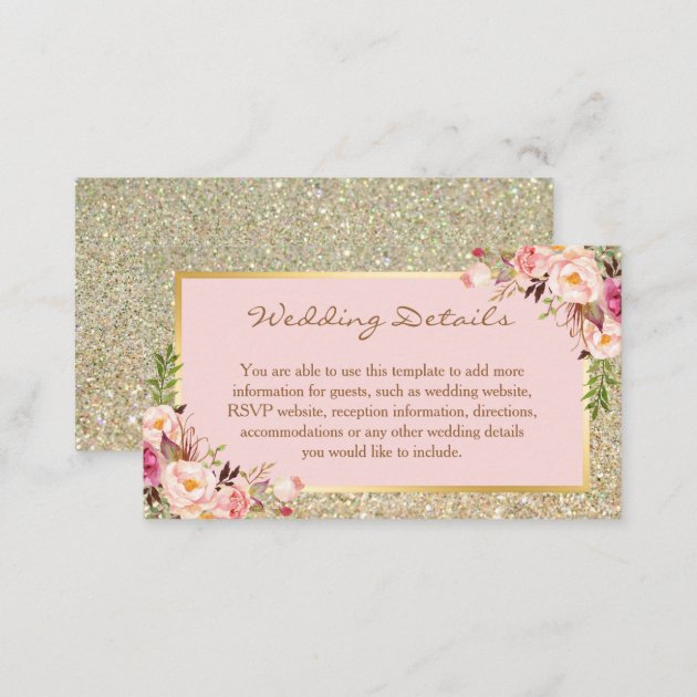 Gold Glitter Floral Wedding Details Insert Card