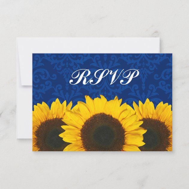 Sunflower Blue Damask Wedding RSVP Response Card
