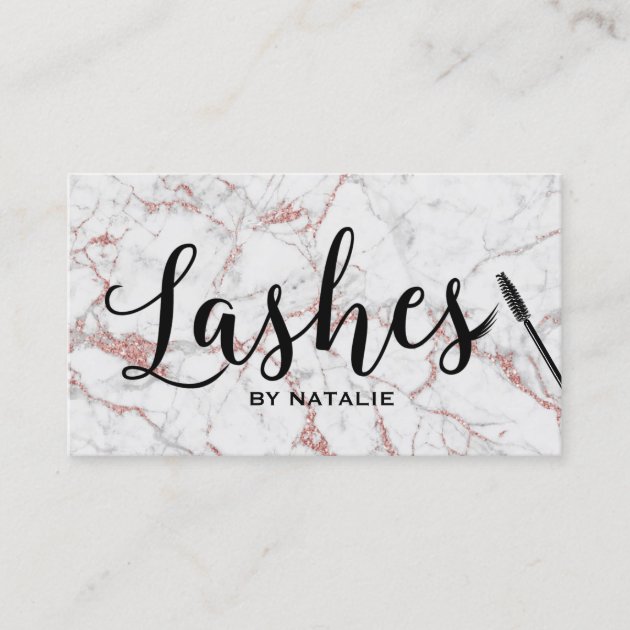 Lashes Makeup Artist Rose Gold Marble Typography Business Card (front side)