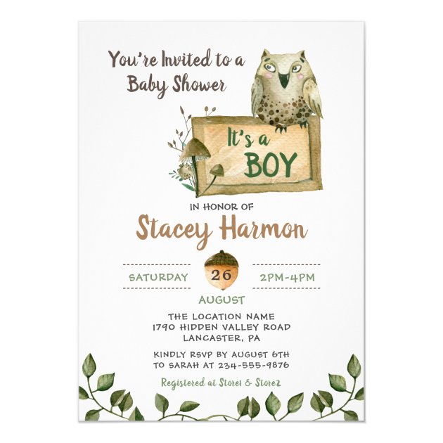 Woodland Owl It's A Boy Baby Shower Invitation
