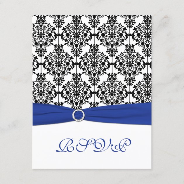 Royal Blue, White, Black Damask Reply Card