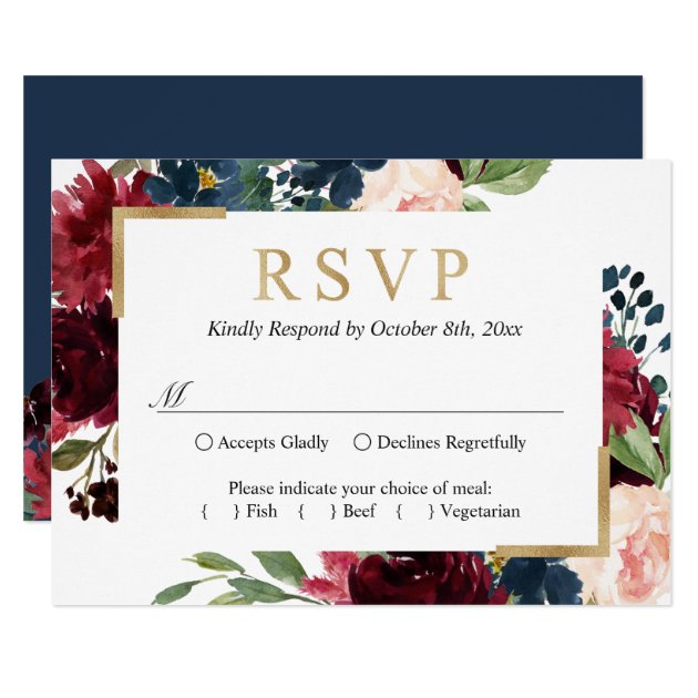 Burgundy Red Blue Blush Floral Wedding RSVP Card