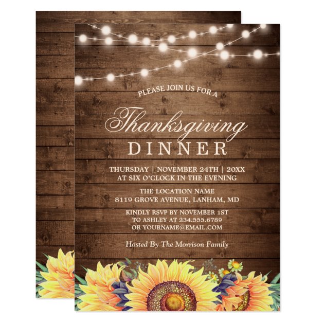 Rustic String Lights Sunflower Thanksgiving Dinner Invitation