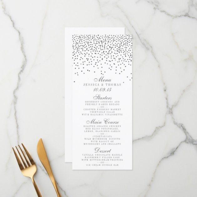 Vintage Glam Silver Confetti Wedding Menu Cards