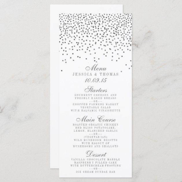 Vintage Glam Silver Confetti Wedding Menu Cards