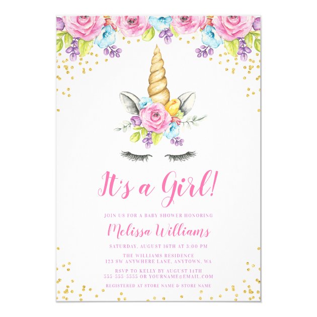Watercolor Floral Unicorn Baby Shower Invitations