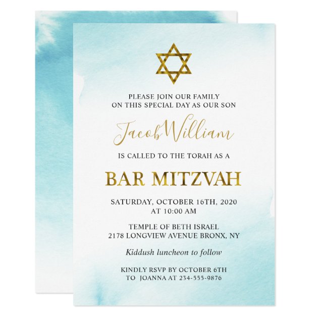 Watercolor Pastel Blue Gold Bar Mitzvah Invitation