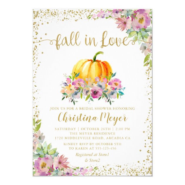 Fall In Love Floral Pumpkin Glitter Bridal Shower Invitation