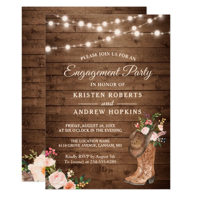 Rustic Boots Floral String Lights Engagement Party Card
