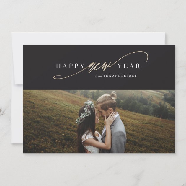 New Year Script Faux Gold Holiday Photo Card