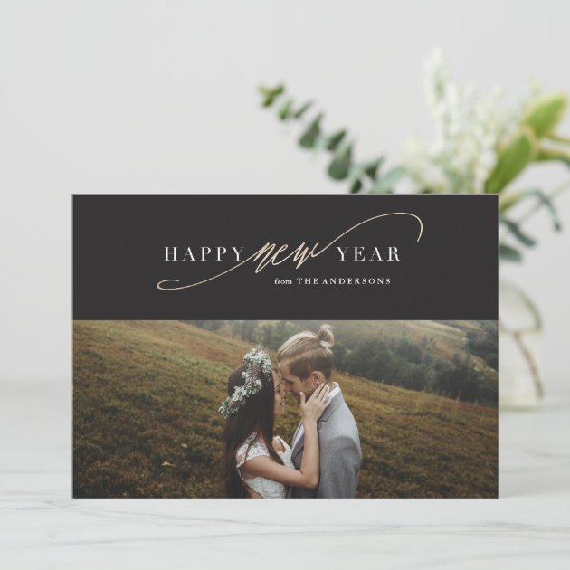 New Year Script Faux Gold Holiday Photo Card