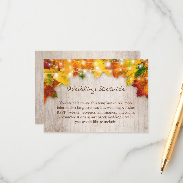 Rustic Fall Leaves String Lights Wedding Details Enclosure Card