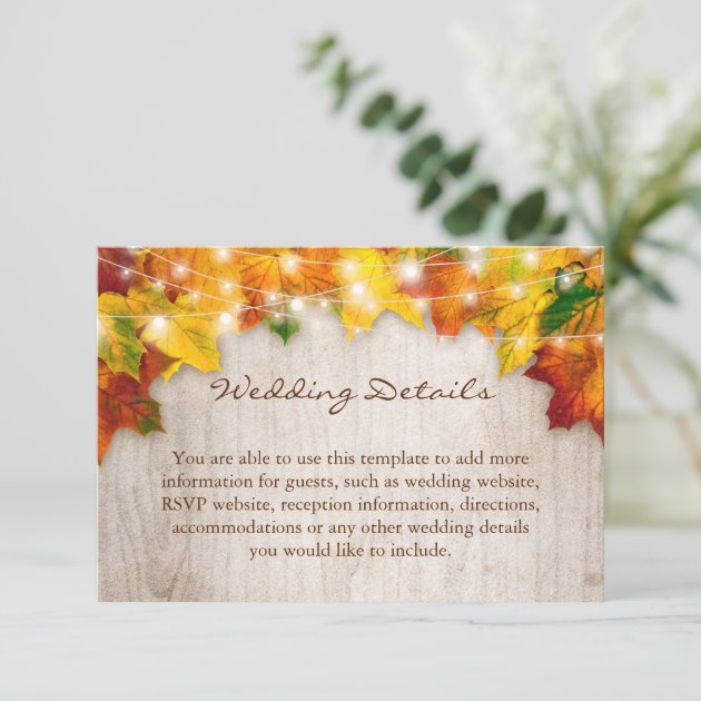Rustic Fall Leaves String Lights Wedding Details Enclosure Card