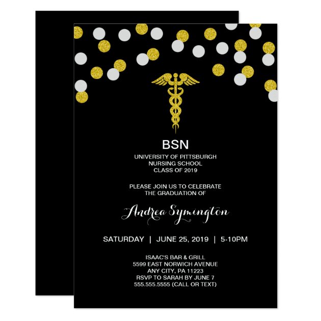 BSN RN Nurse Graduation Or Party, Gold Black Invitation