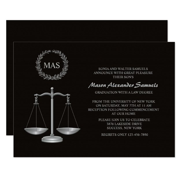 Justice Scale & Wreath Law School Graduation Inv Invitation
