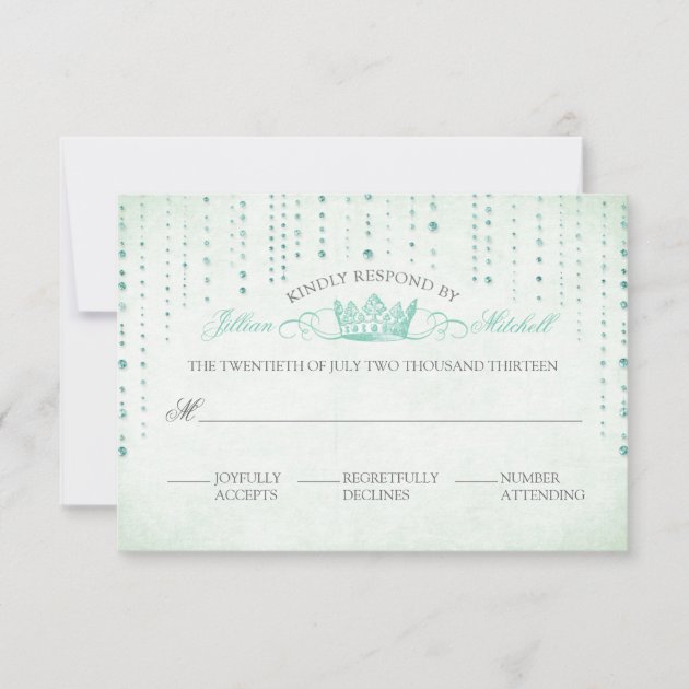 Mint Sparkles & Crown Fairytale Wedding RSVP Card