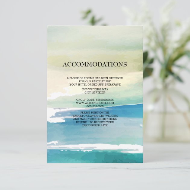 Blue Green Watercolor Ocean Wedding Accommodations Enclosure Card