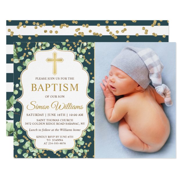 Modern Greenery Gold Glitter Baptism Photo Invitation