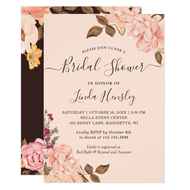 Autumn Brown Blush Gold Floral Bridal Shower Invitation
