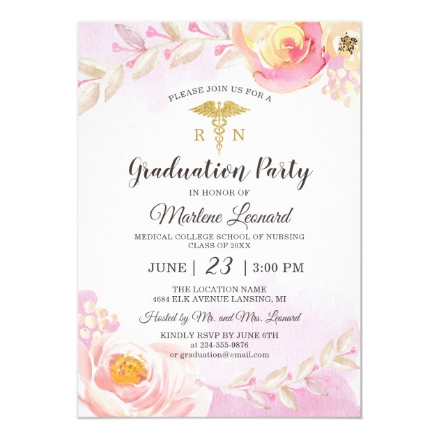 Pink Watercolor Rose Garden Nurse Graduation Party Invitation