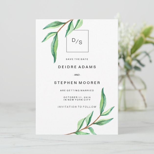 Minimalist Green Leaves On White Save The Date