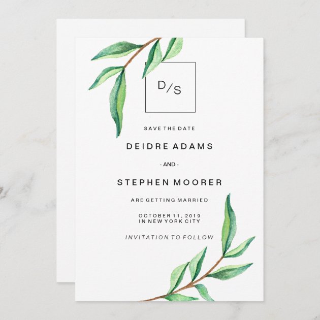 Minimalist Green Leaves On White Save The Date