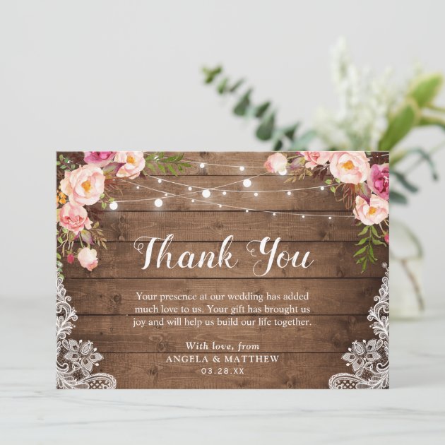 Rustic Pink Floral Lace String Lights Thank You