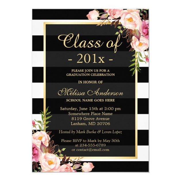 Class Of 2018 Graduation Classy Floral Stripes Invitation