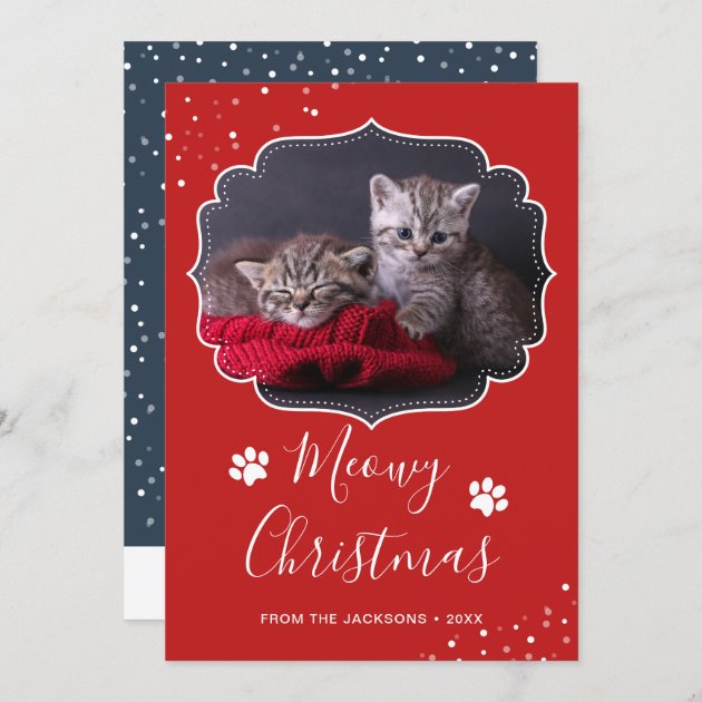 Meowy Christmas White Script Pet Cat Photo Holiday Card