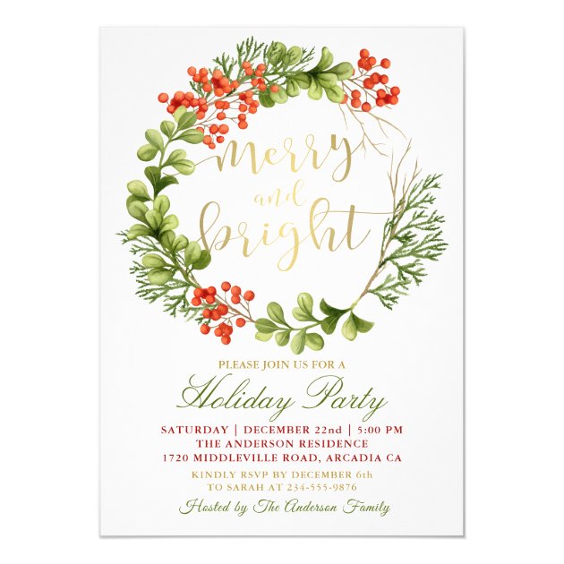 Merry And Bright Greenery Wreath Holiday Party Invitation