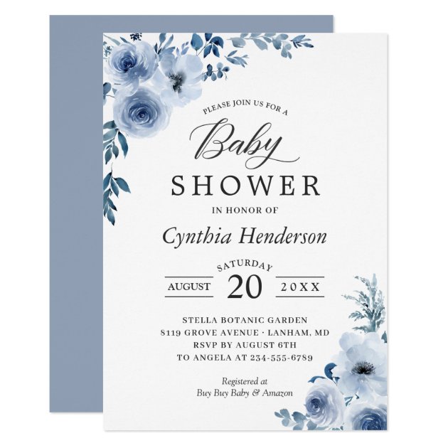 Bohemian Dusty Blue Floral Baby Shower Invitation